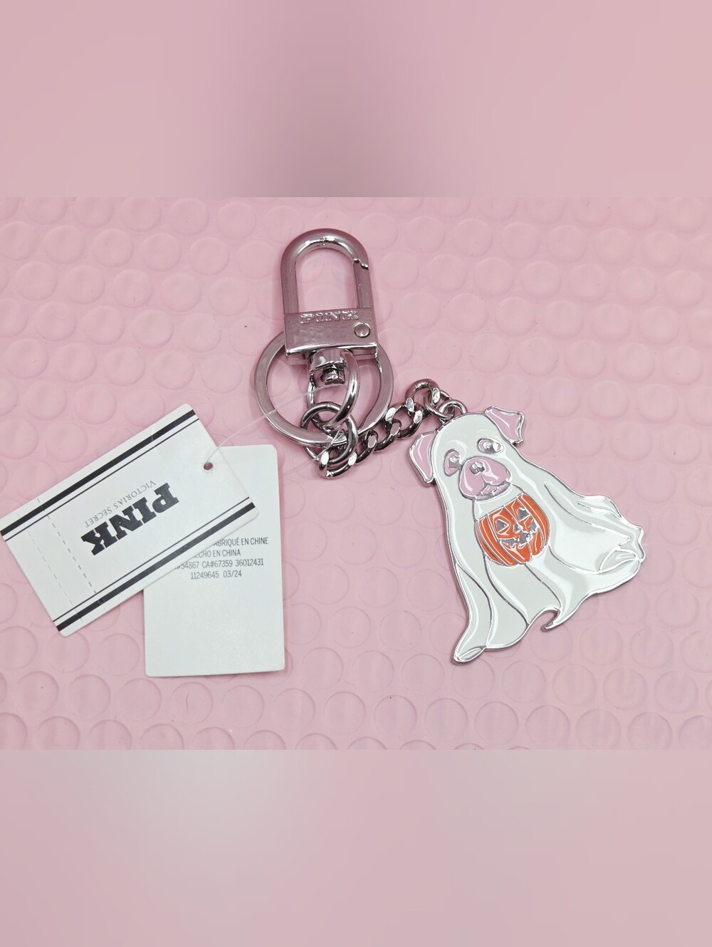 Victoria's Secret PINK Ghost Dog Pumpkin Halloween Keychain NWT